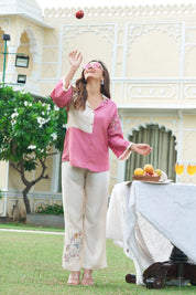 Cream & Pink Floral Embroidered Co-ord Set in Dola Silk