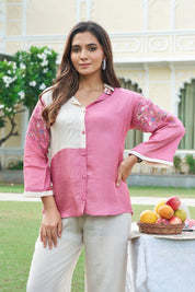 Cream & Pink Floral Embroidered Co-ord Set in Dola Silk