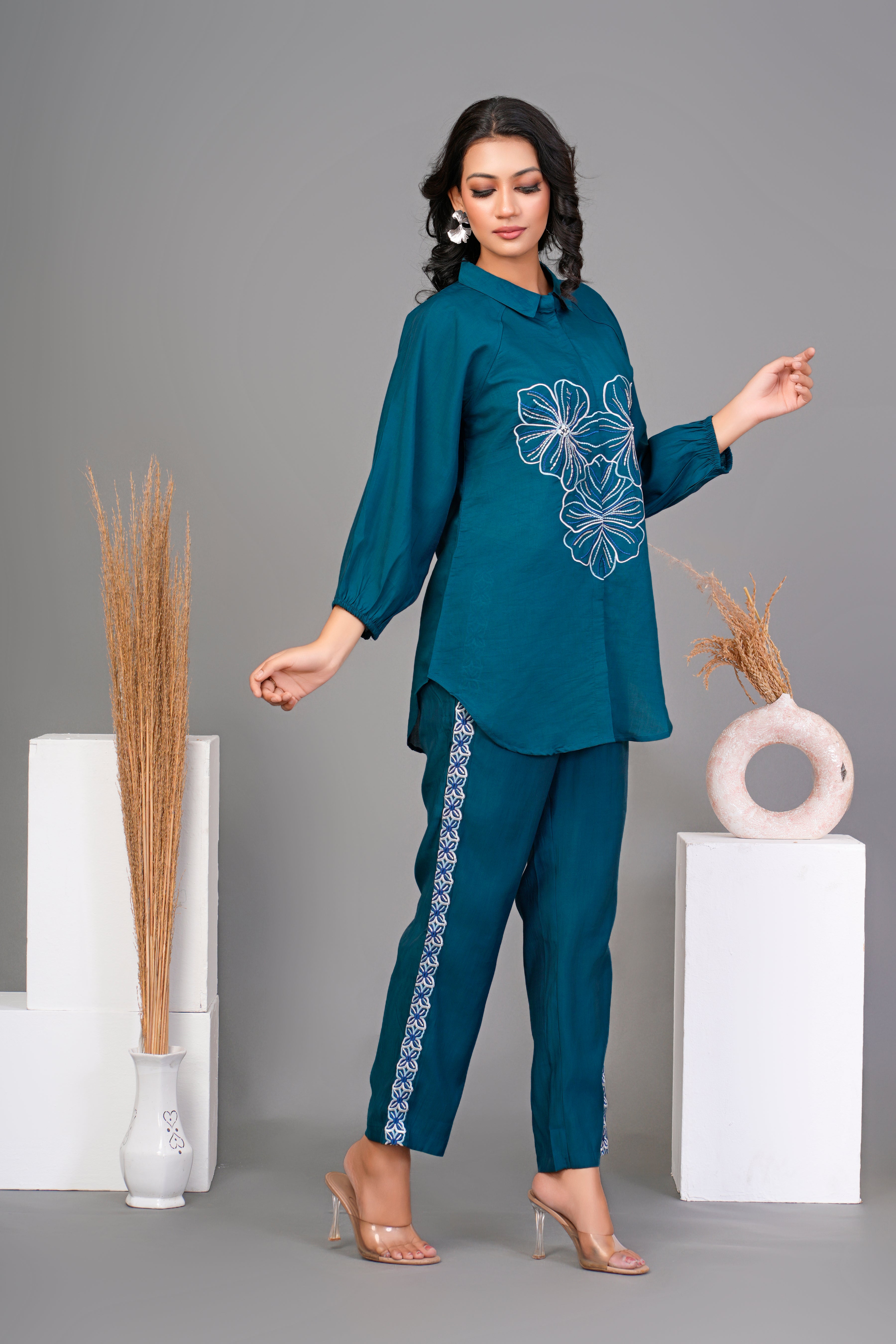 Peacock Green Embroidered Shirt With Pant