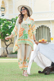 Yellow Multicolor Printed Crepe Kaftan Co-ord Set