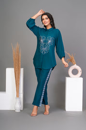 Peacock Green Embroidered Shirt With Pant