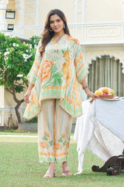 Yellow Multicolor Printed Crepe Kaftan Co-ord Set