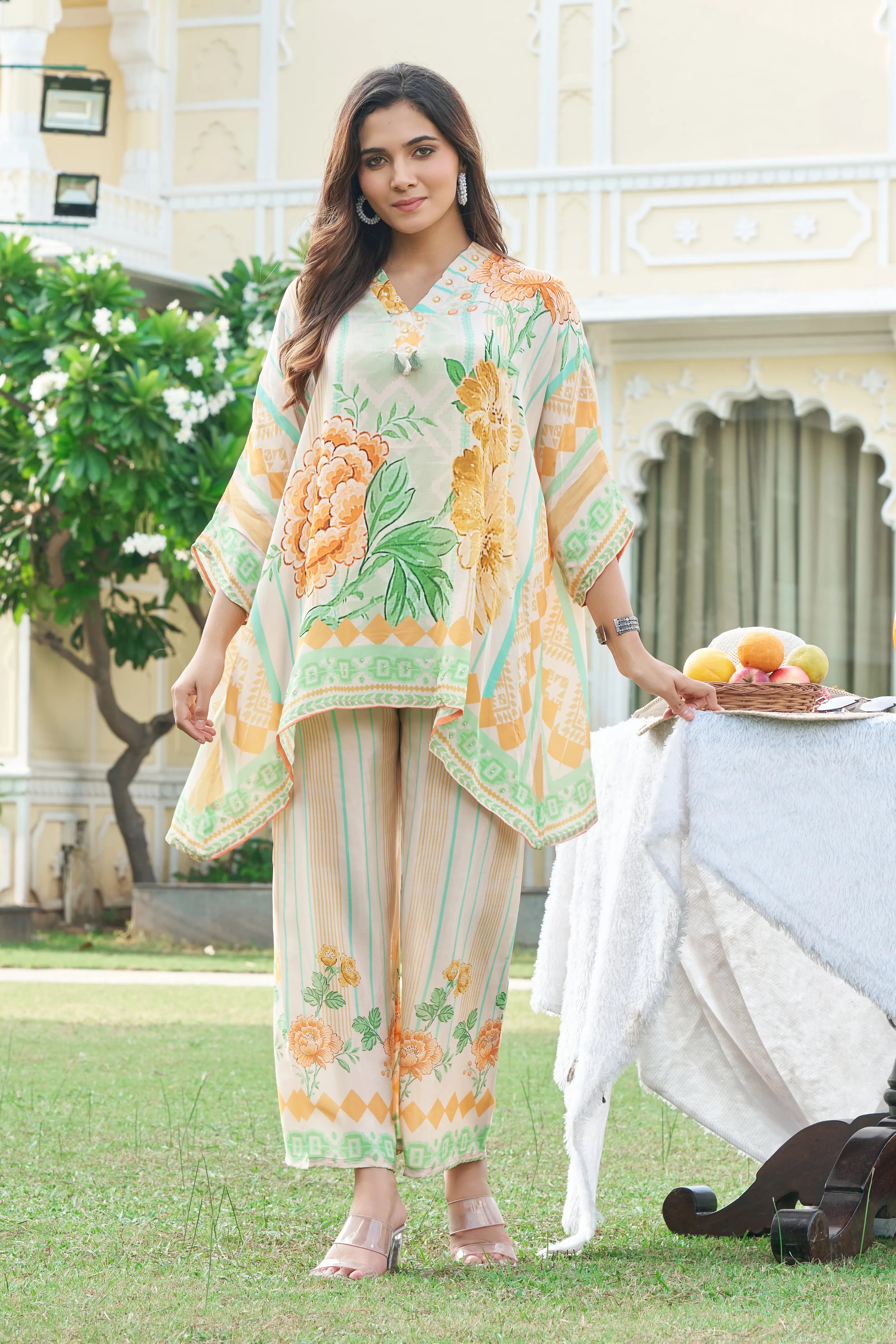 Yellow Multicolor Printed Crepe Kaftan Co-ord Set