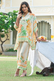 Yellow Multicolor Printed Crepe Kaftan Co-ord Set