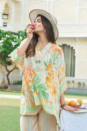 Yellow Multicolor Printed Crepe Kaftan Co-ord Set