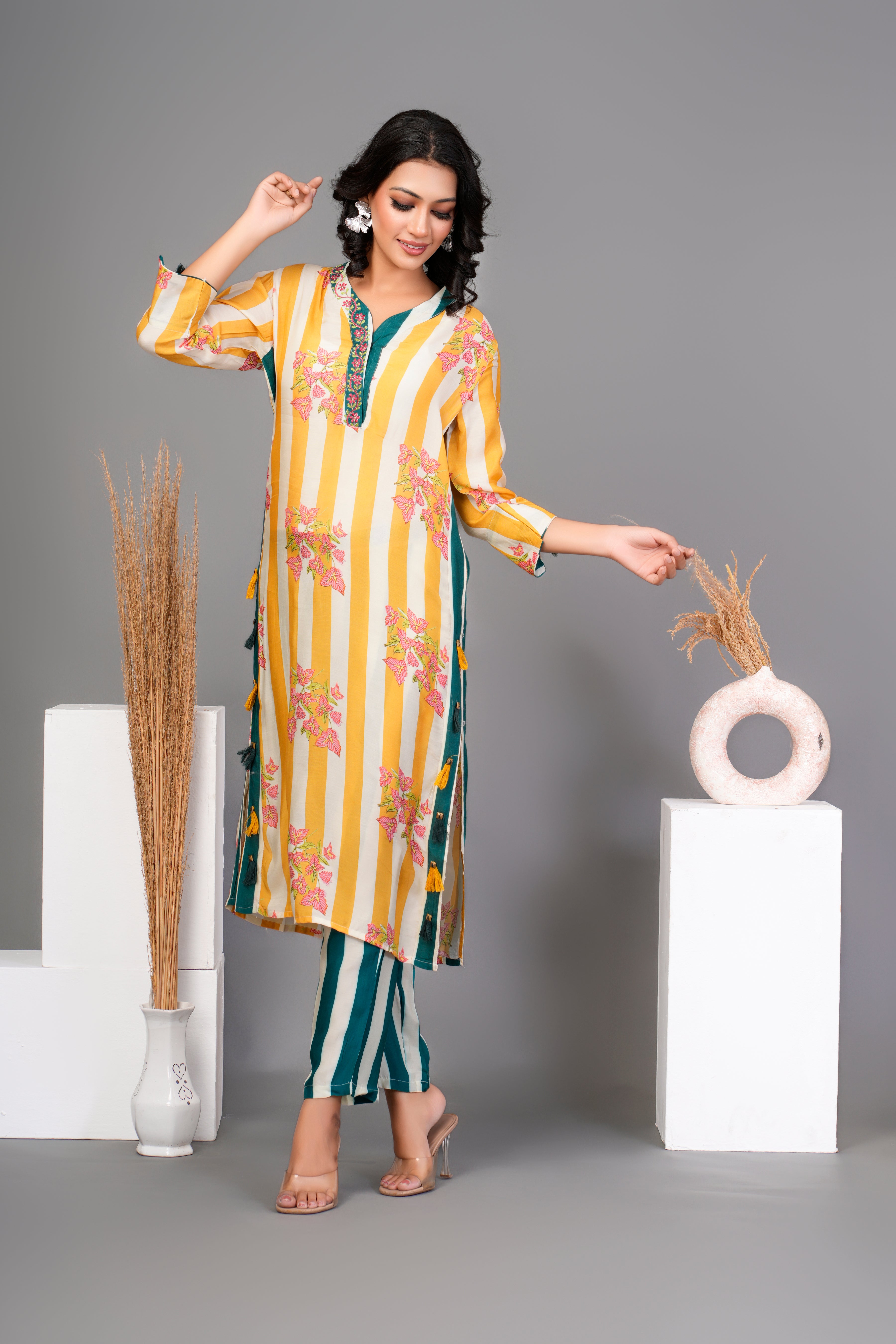 Yellow Stripe Bold Floral Printed Muslin Kurta Set