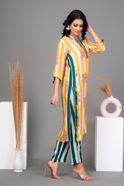 Yellow Stripe Bold Floral Printed Muslin Kurta Set