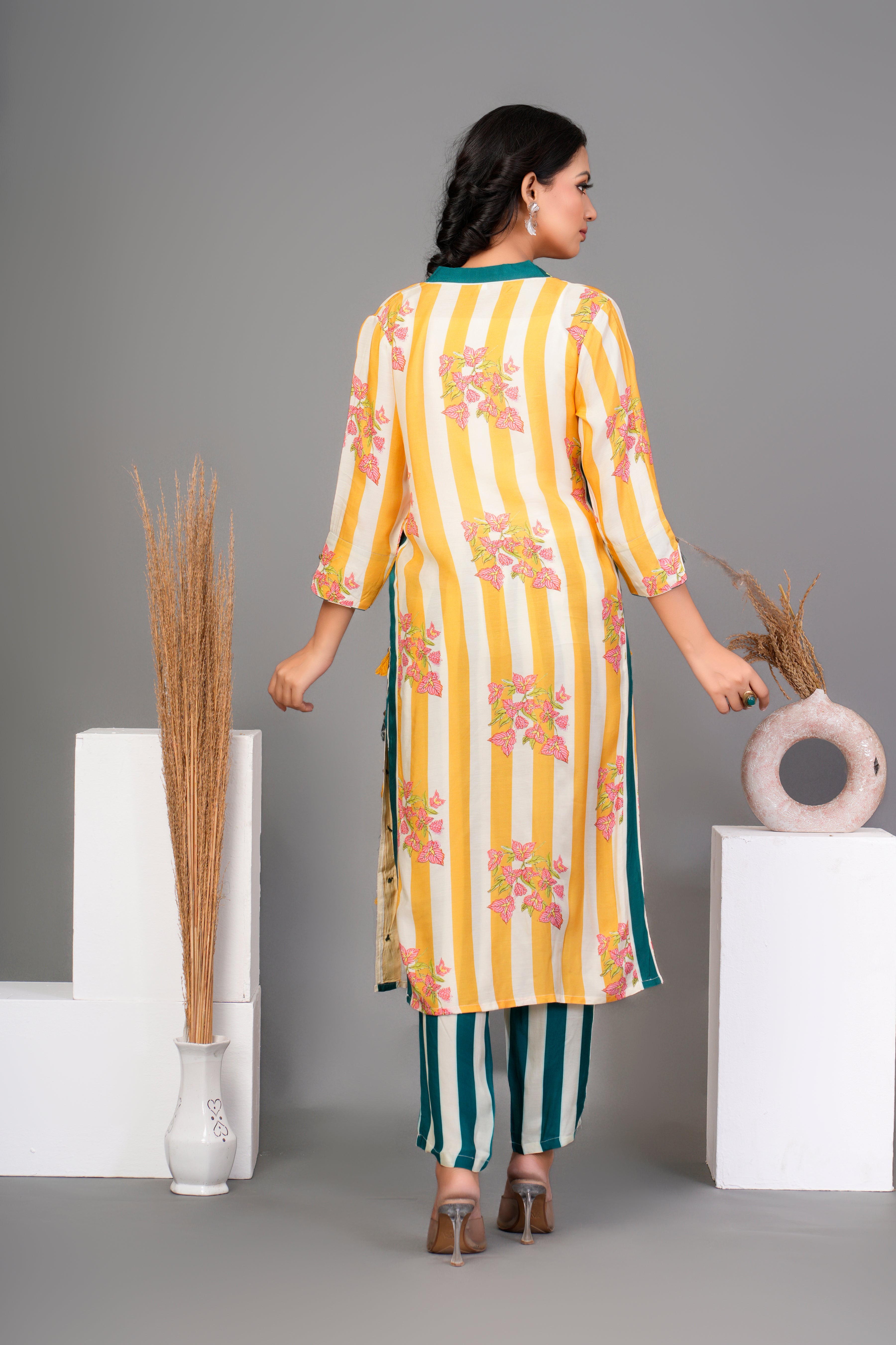 Yellow Stripe Bold Floral Printed Muslin Kurta Set