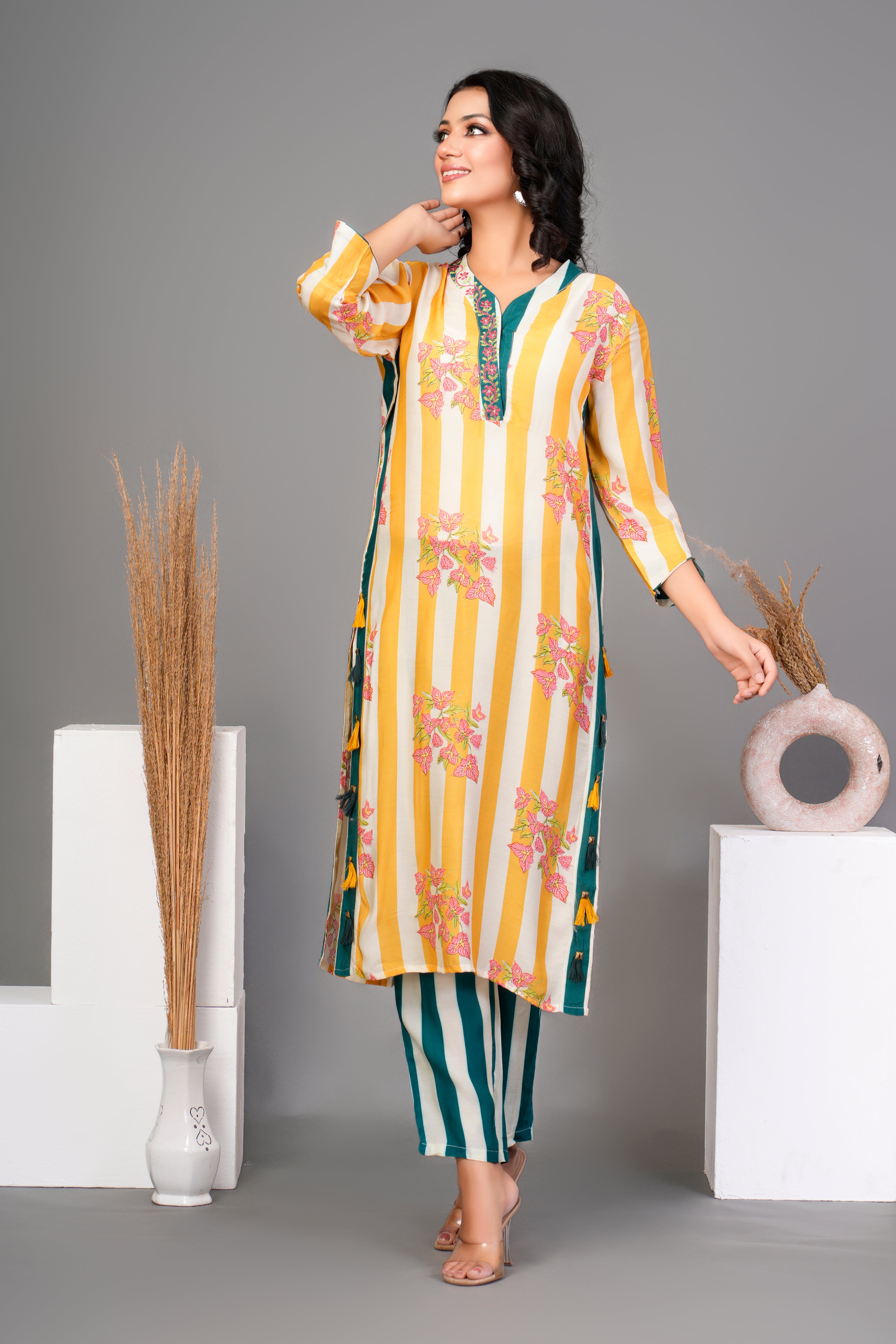 Yellow Stripe Bold Floral Printed Muslin Kurta Set