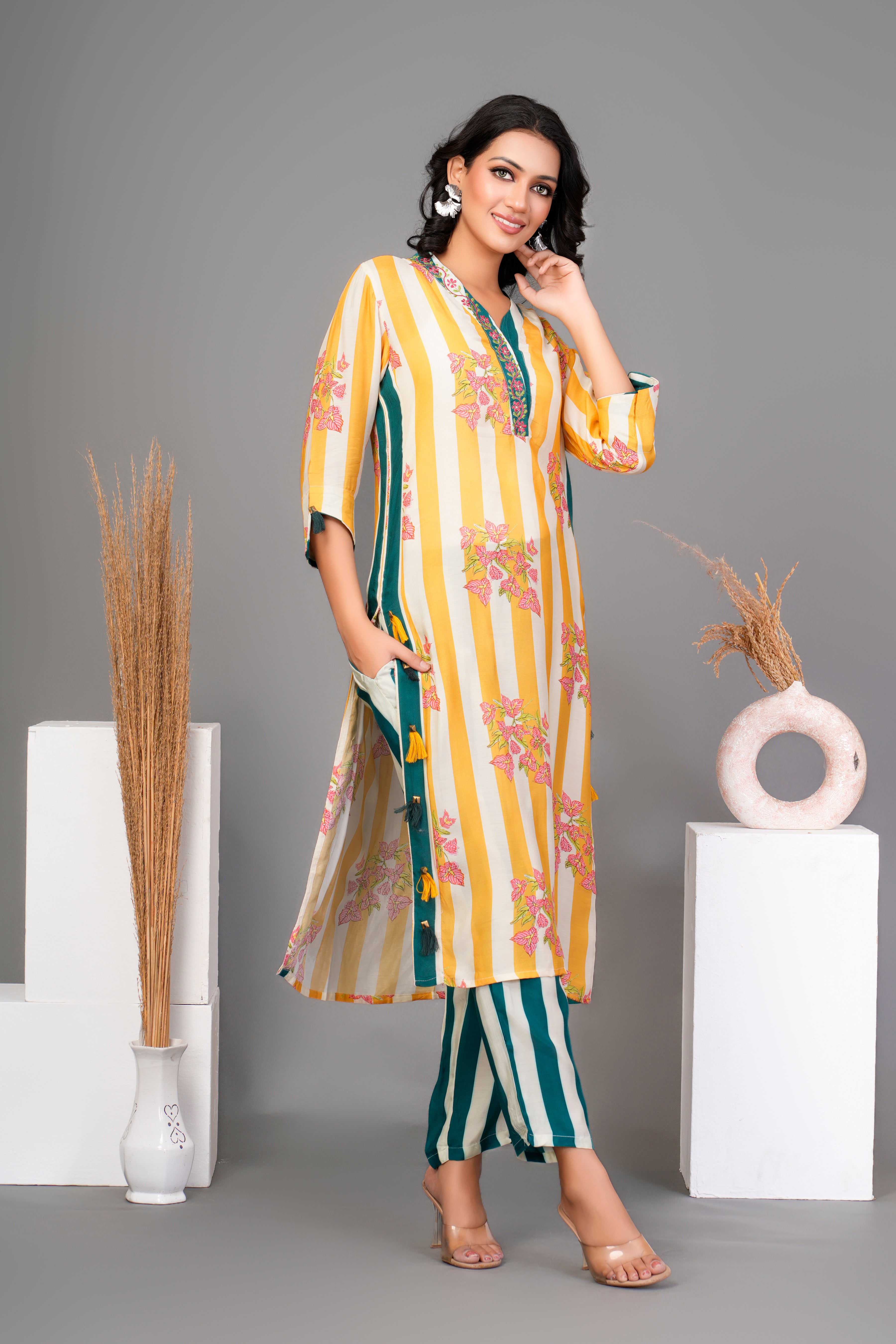 Yellow Stripe Bold Floral Printed Muslin Kurta Set