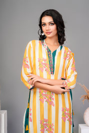 Yellow Stripe Bold Floral Printed Muslin Kurta Set