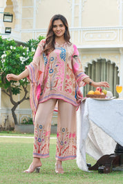 Peach Printed Crepe Kaftan Co-ord Set