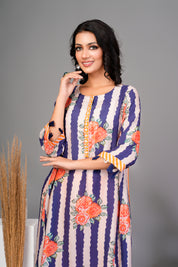 Beige/Navy Blue Bold Floral Printed Muslin Kurta Set