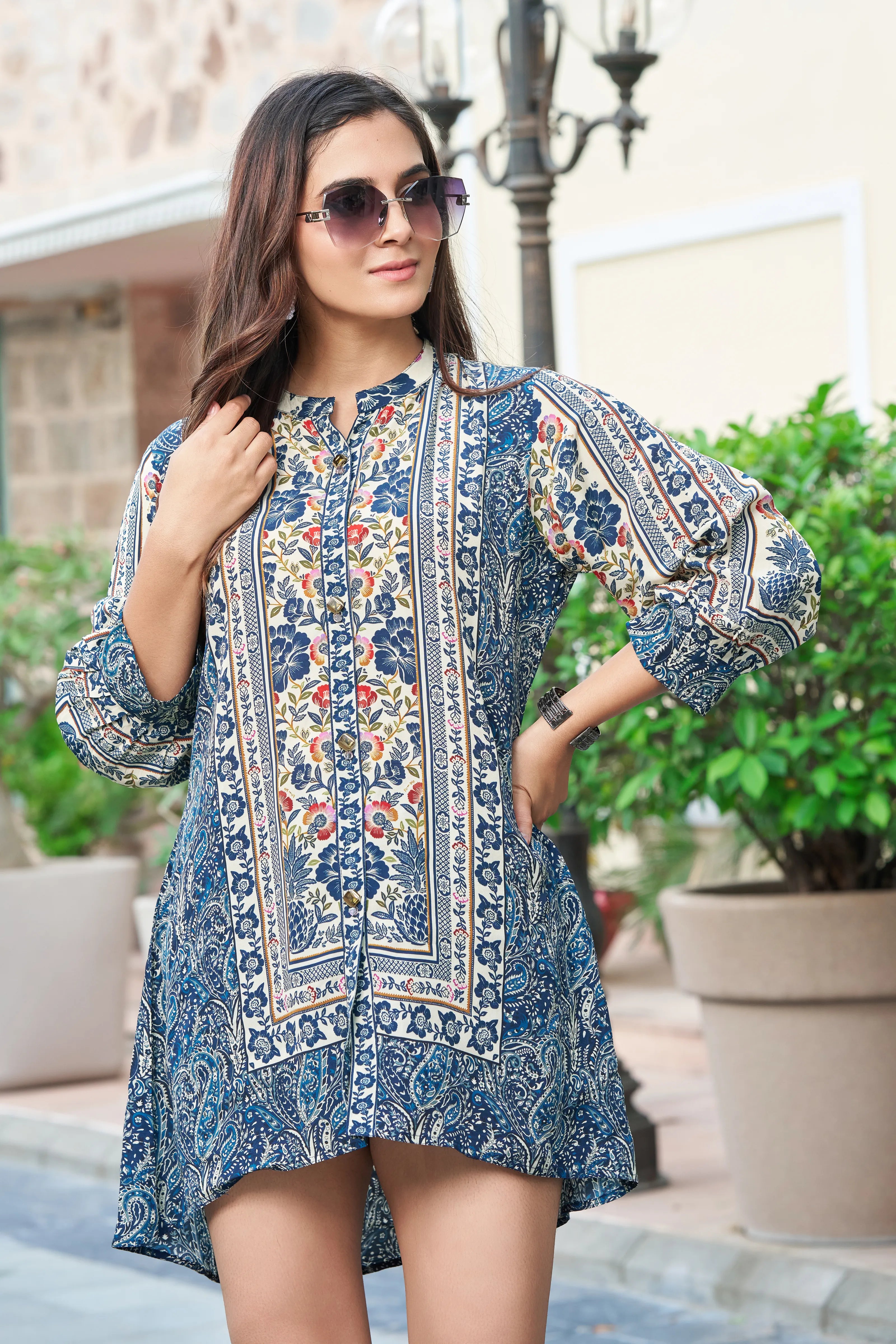 Blue Mosaic Handblock Tunic in Viscose Silk