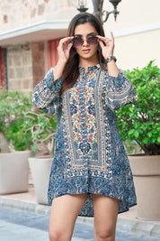 Blue Mosaic Handblock Tunic in Viscose Silk