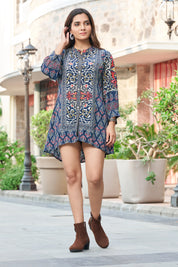 Blue Mosaic Handblock Tunic in Viscose Silk
