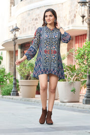 Blue Mosaic Handblock Tunic in Viscose Silk