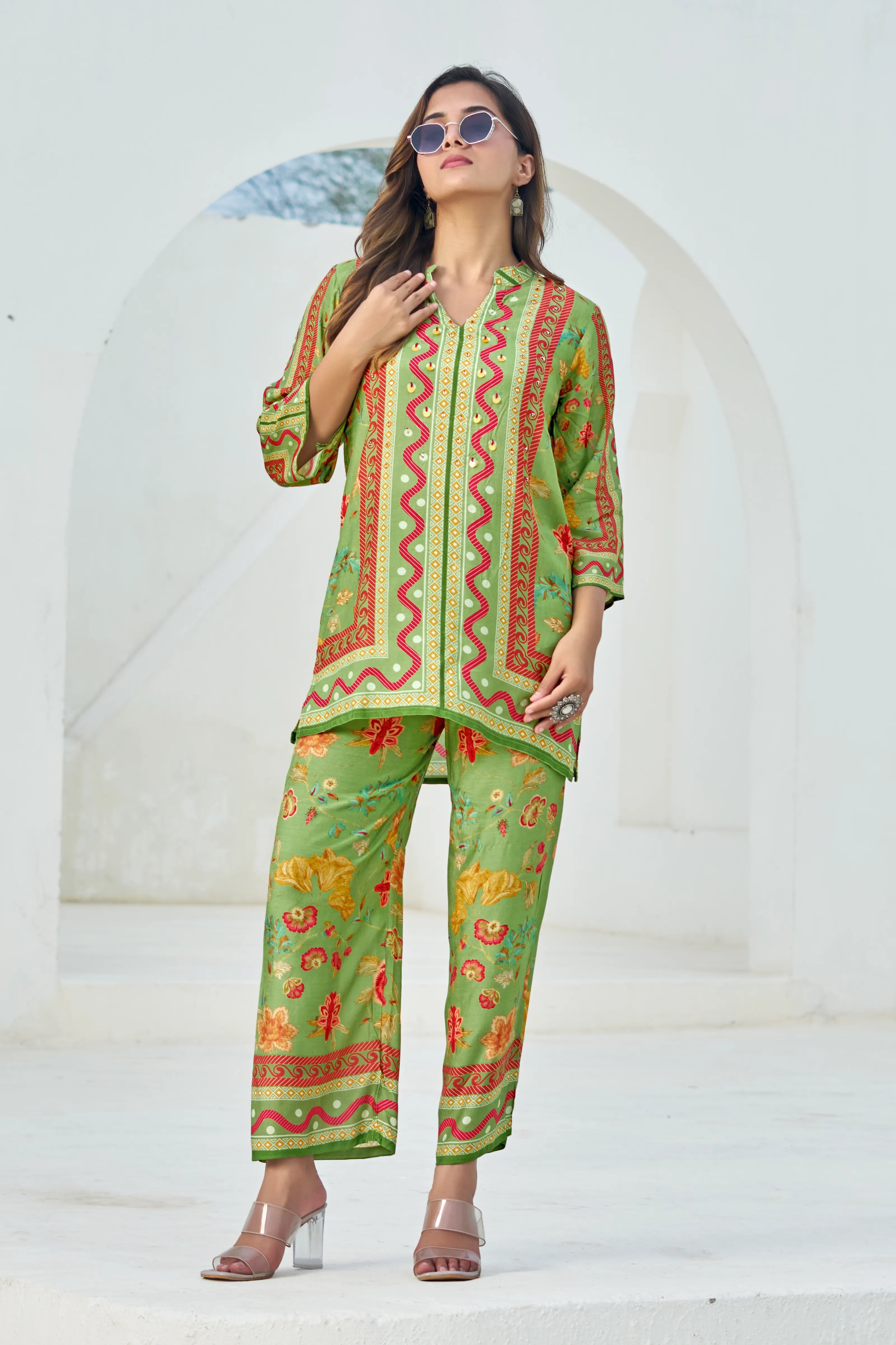 Green Muslin Embellished Co-ord Set