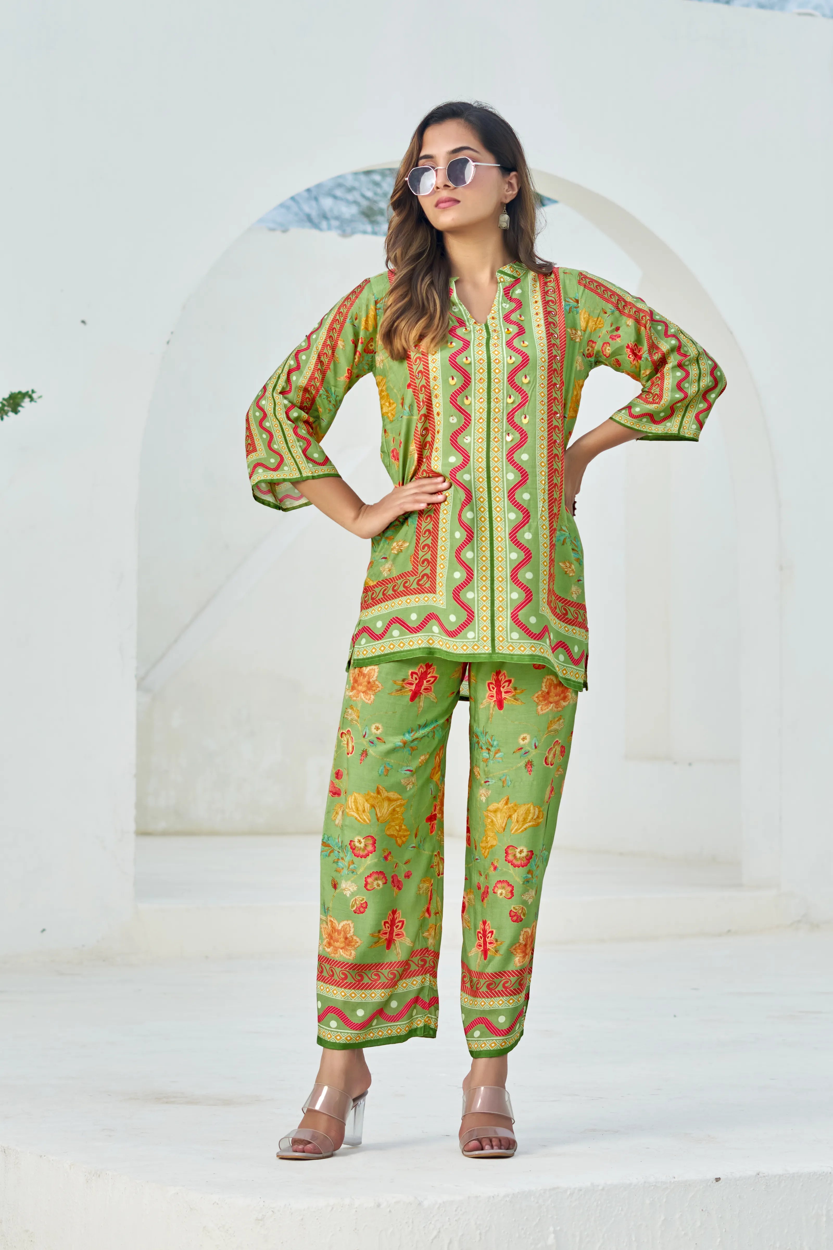 Green Muslin Embellished Co-ord Set