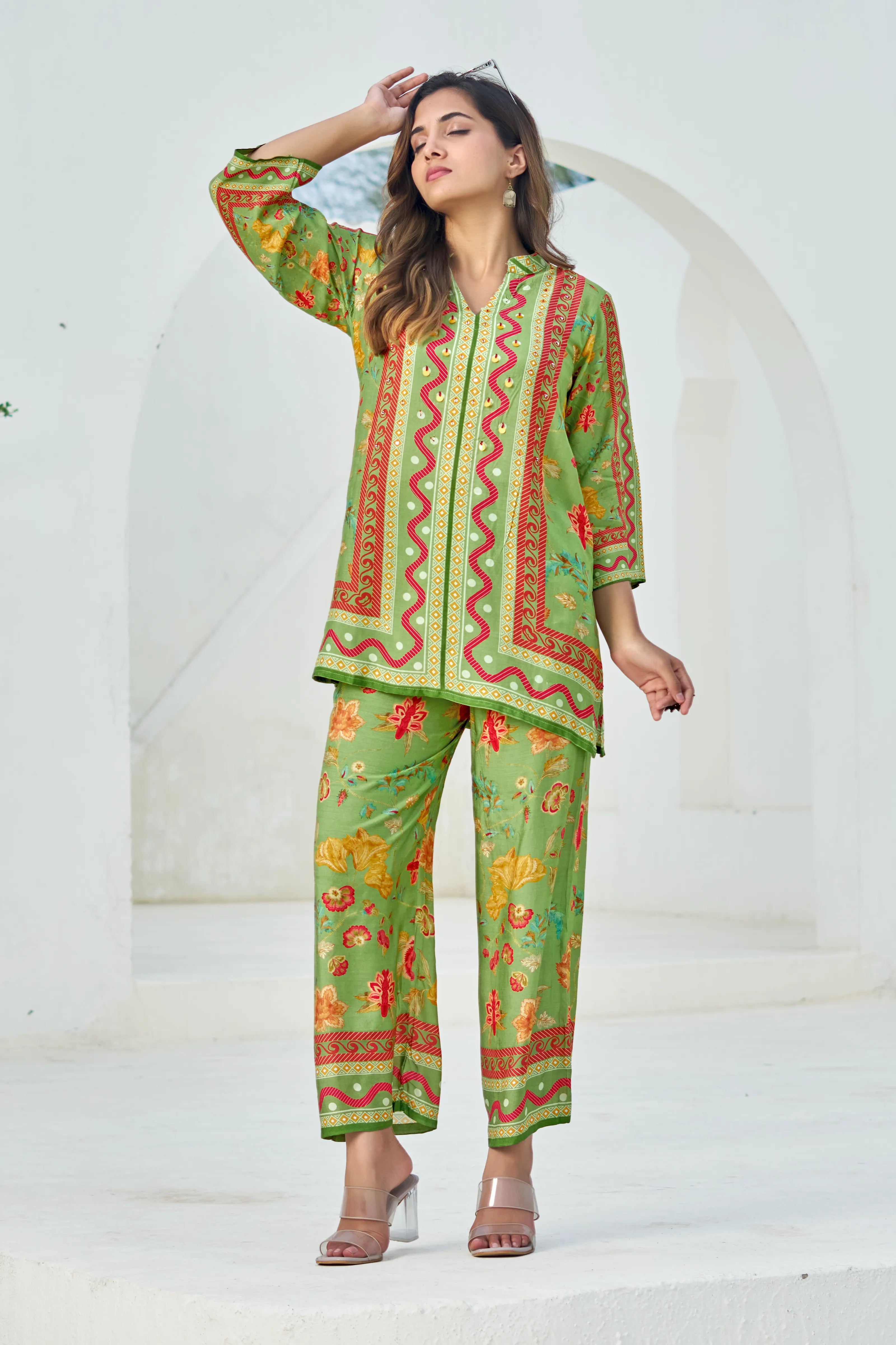 Green Muslin Embellished Co-ord Set