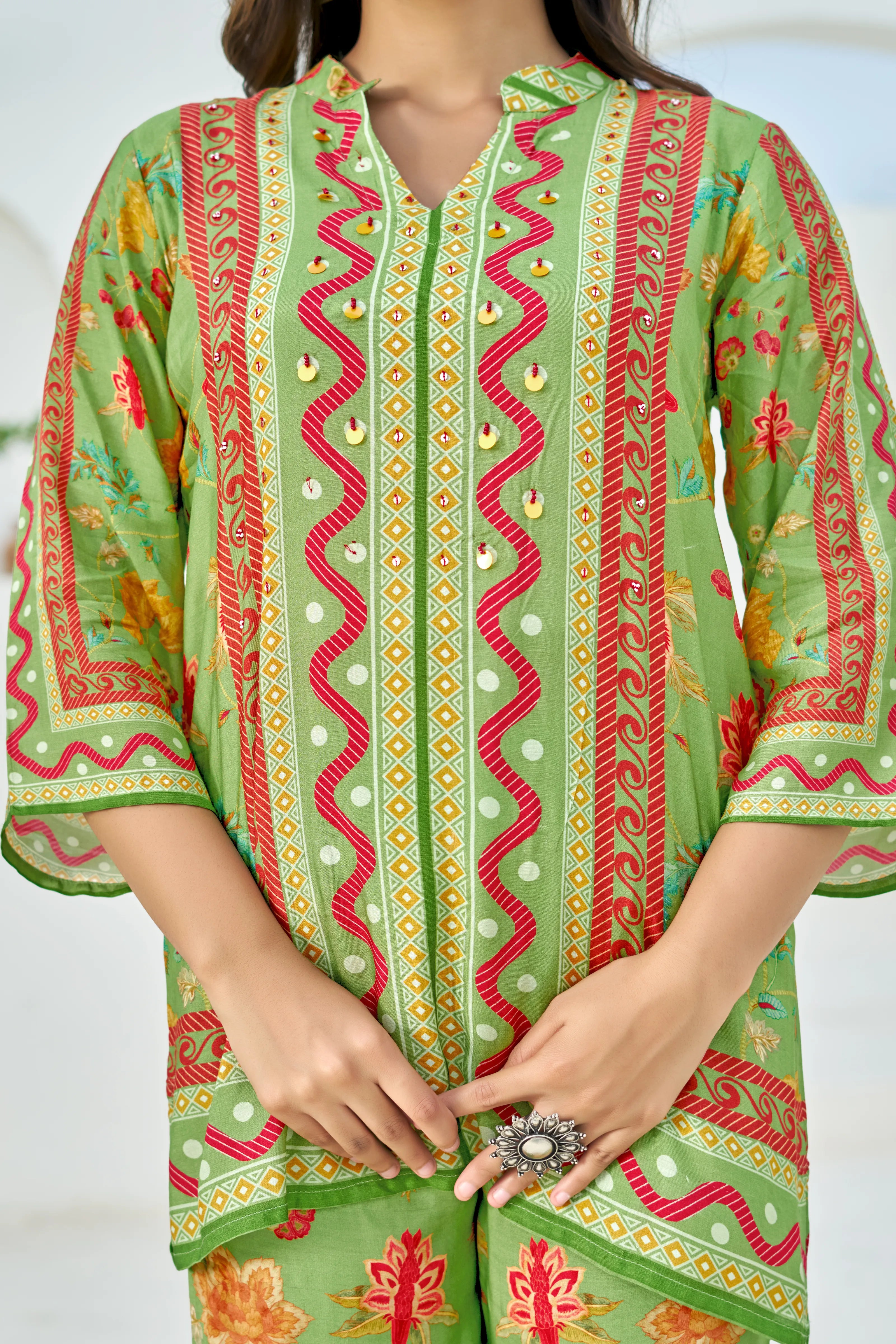 Green Muslin Embellished Co-ord Set