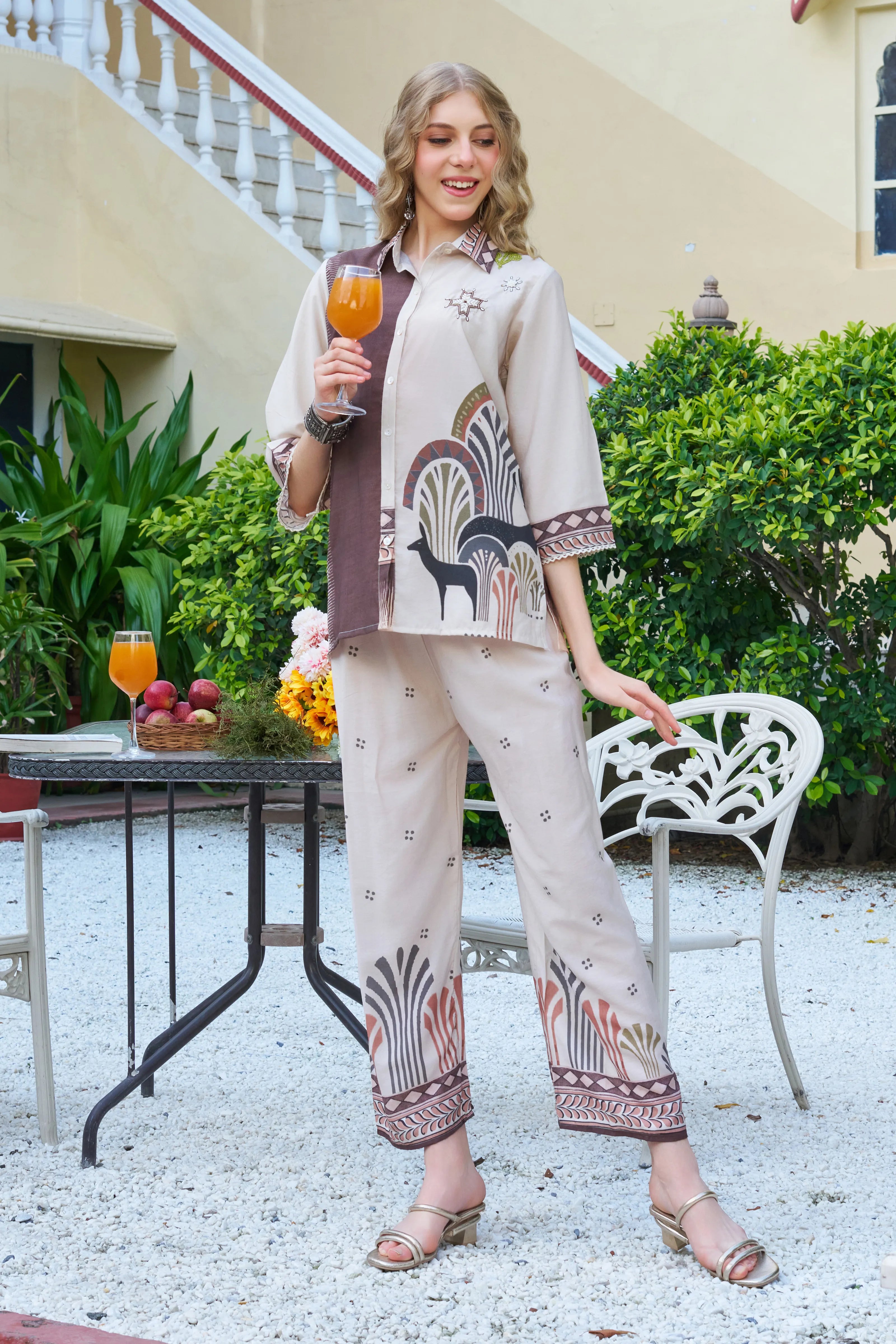 Beige & Brown Art-Inspired Viscose Co-ord Set