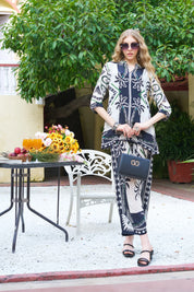Black & Off-White Coconut Tree Abstract Printed Crepe Co-ord Set