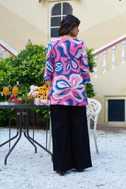 Pink & Blue Floral Print Cotton Cambric Short Kurti