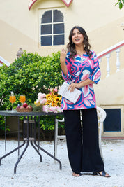 Pink & Blue Floral Print Cotton Cambric Short Kurti