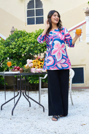 Pink & Blue Floral Print Cotton Cambric Short Kurti