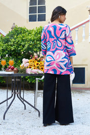 Pink & Blue Floral Print Cotton Cambric Short Kurti