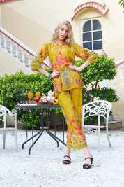 Mustard Base Multicolor Print Co-ord Set in Viscose Muslin