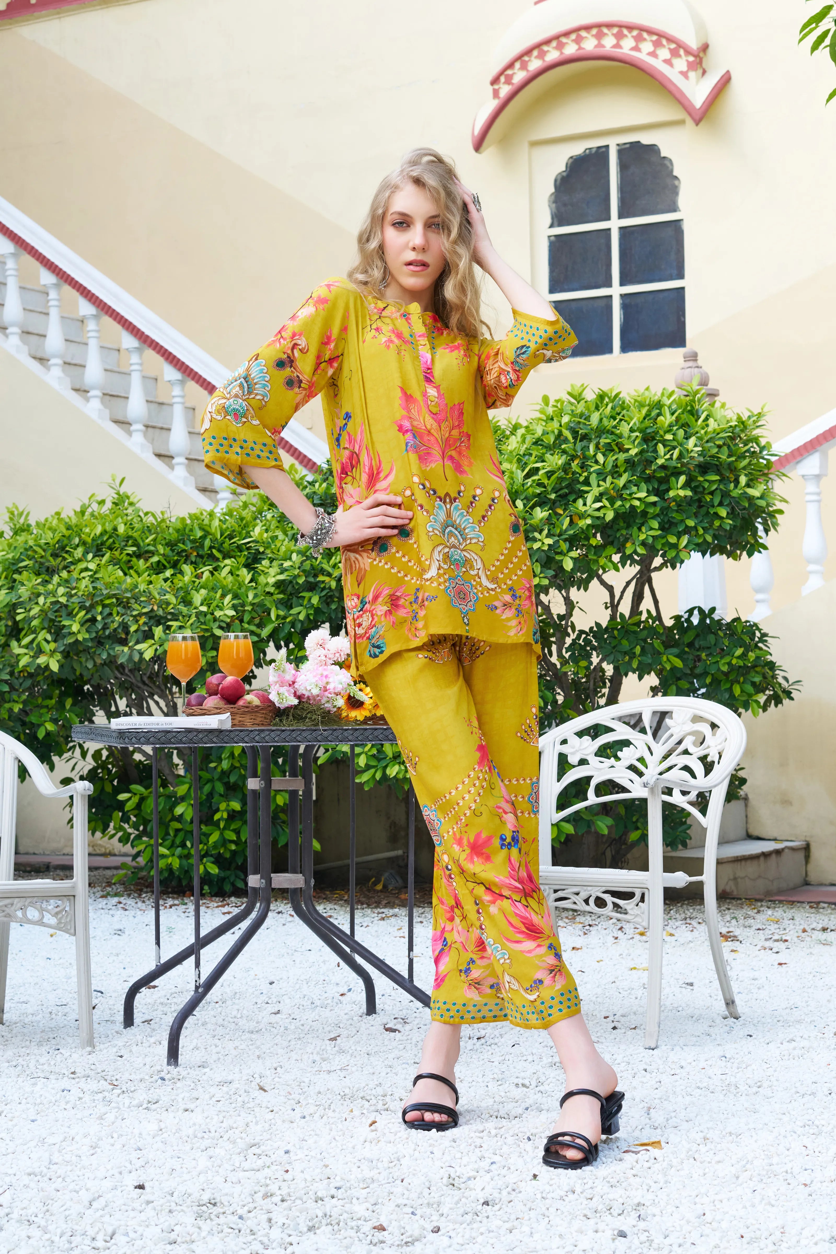 Mustard Base Multicolor Print Co-ord Set in Viscose Muslin