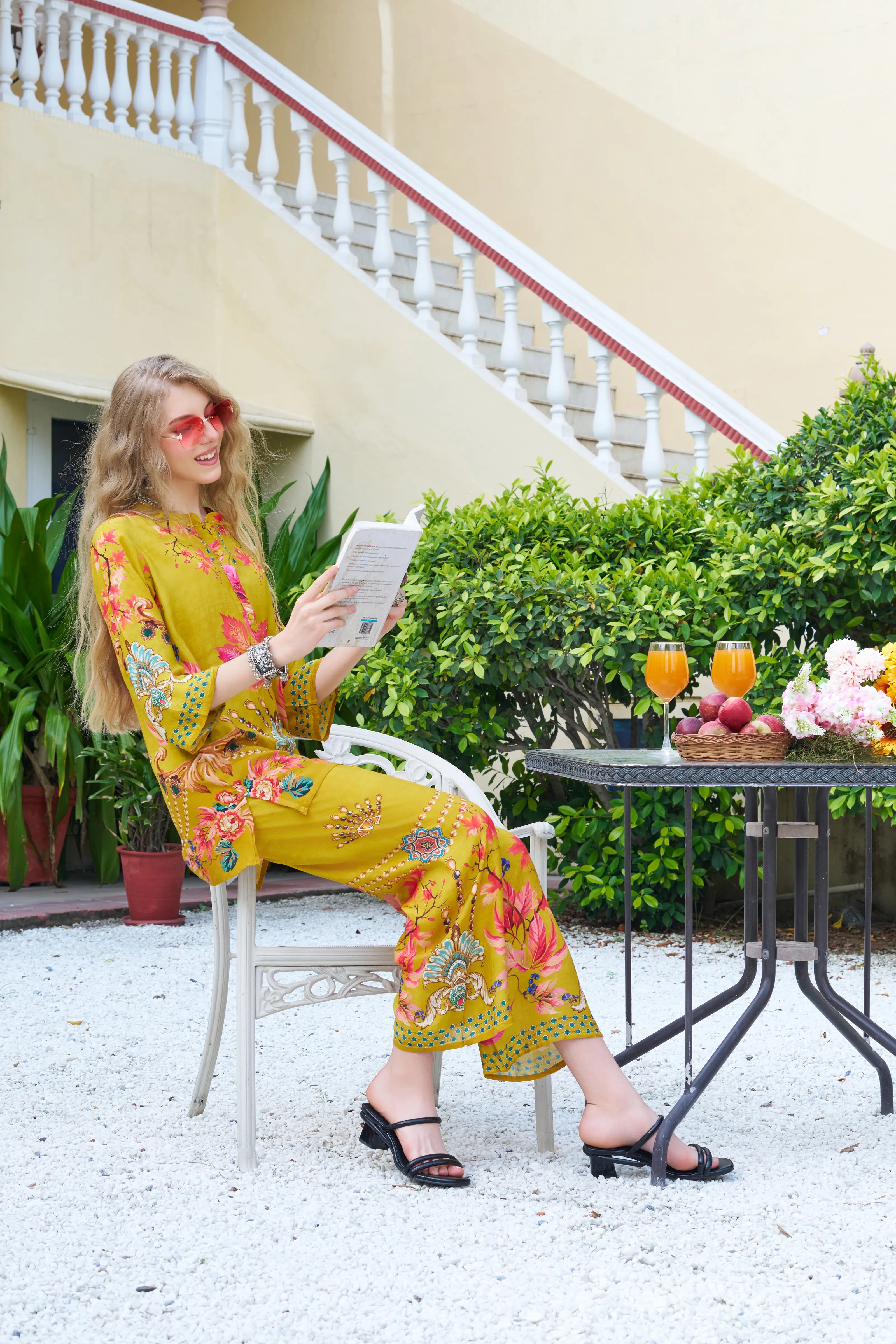 Mustard Base Multicolor Print Co-ord Set in Viscose Muslin