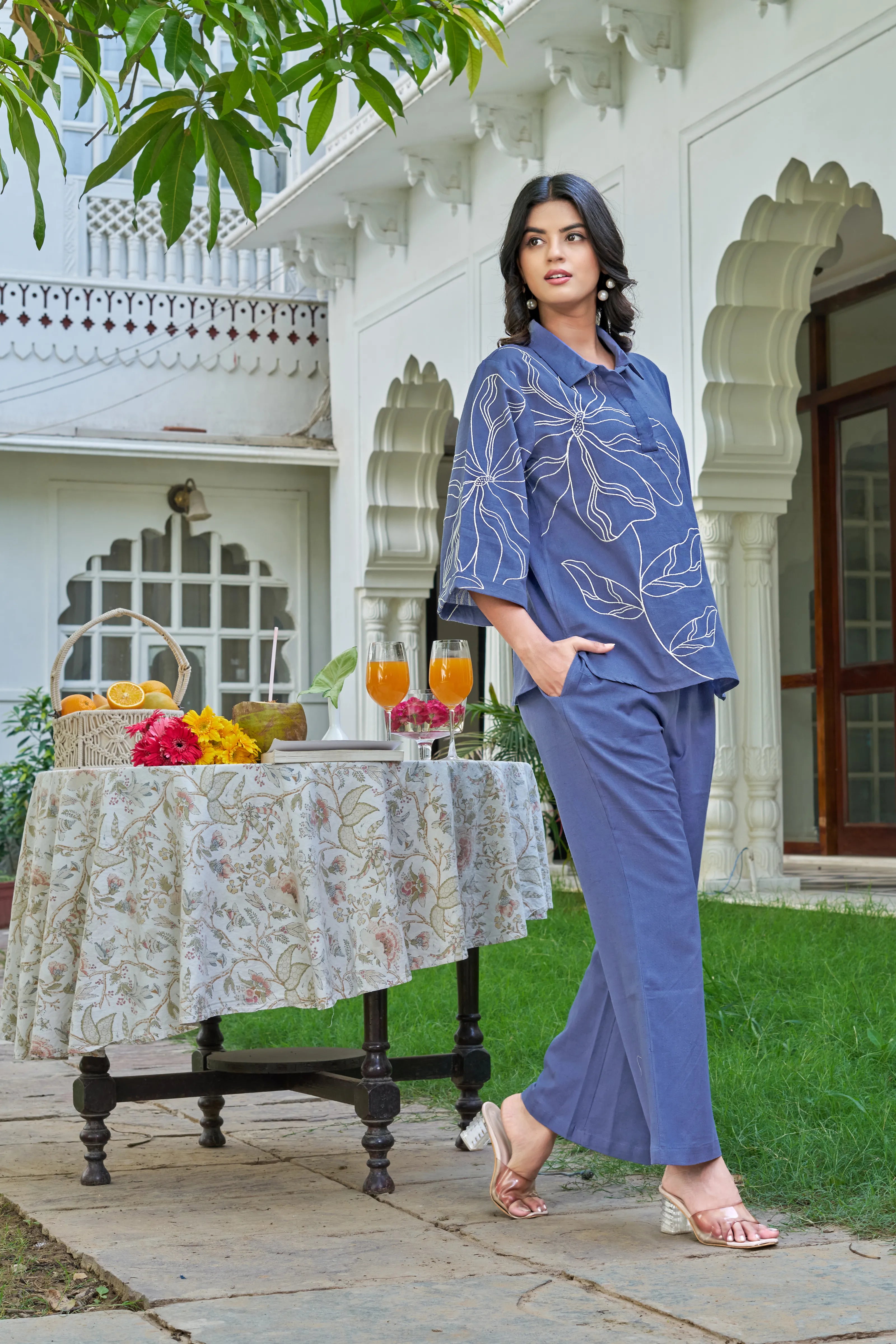Yale Blue Embroidered Cotton Flex Co-ord Set