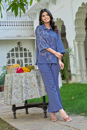 Yale Blue Embroidered Cotton Flex Co-ord Set