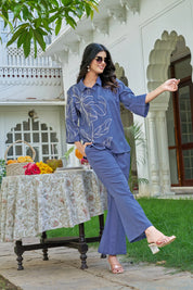 Yale Blue Embroidered Cotton Flex Co-ord Set