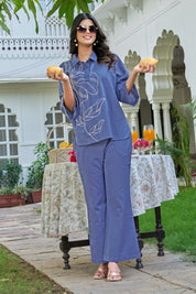 Yale Blue Embroidered Cotton Flex Co-ord Set