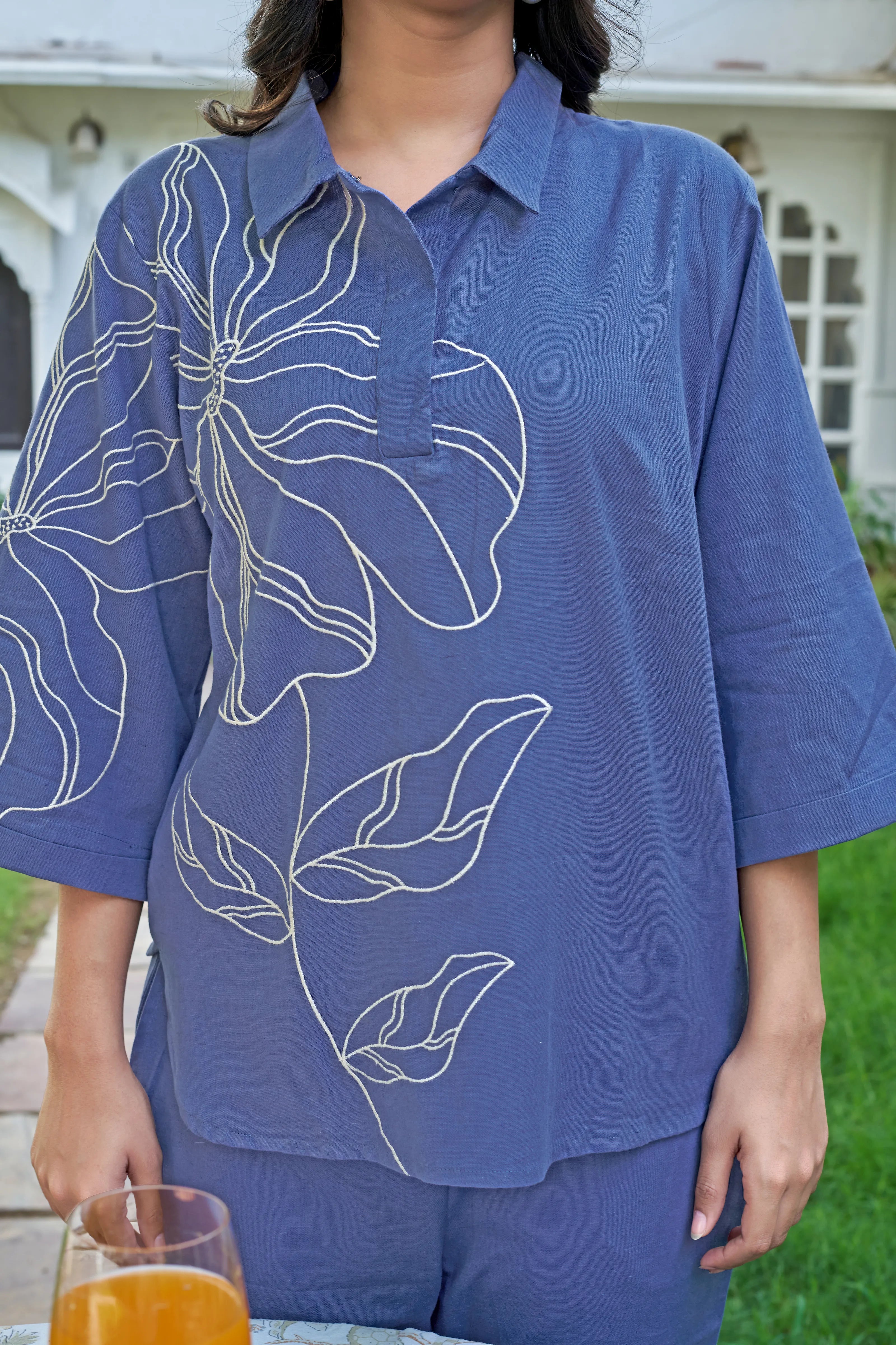 Yale Blue Embroidered Cotton Flex Co-ord Set