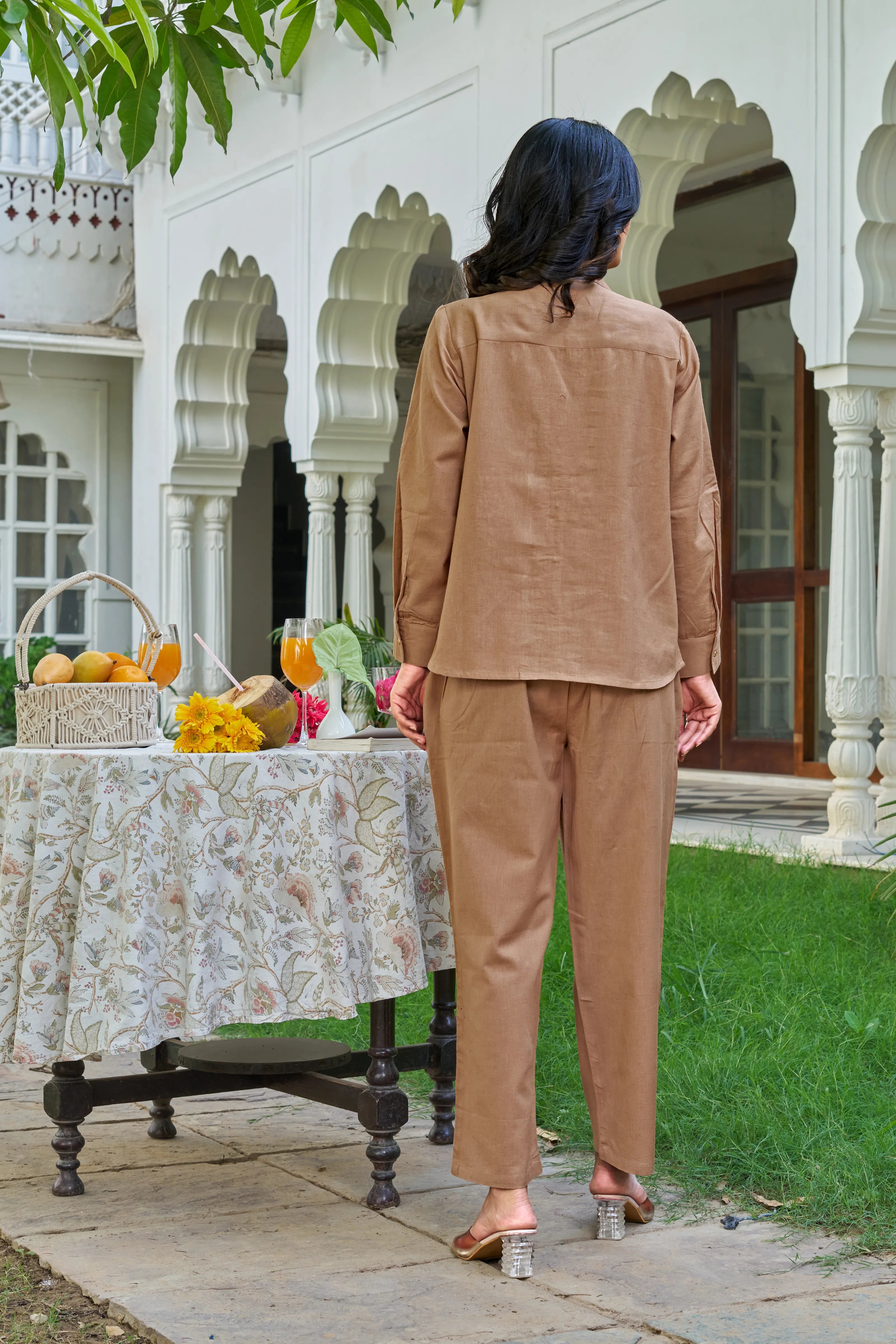 Tan Leaf Embroidered Co-ord Set in Cotton Slub