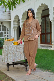 Tan Leaf Embroidered Co-ord Set in Cotton Slub