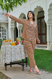 Tan Leaf Embroidered Co-ord Set in Cotton Slub