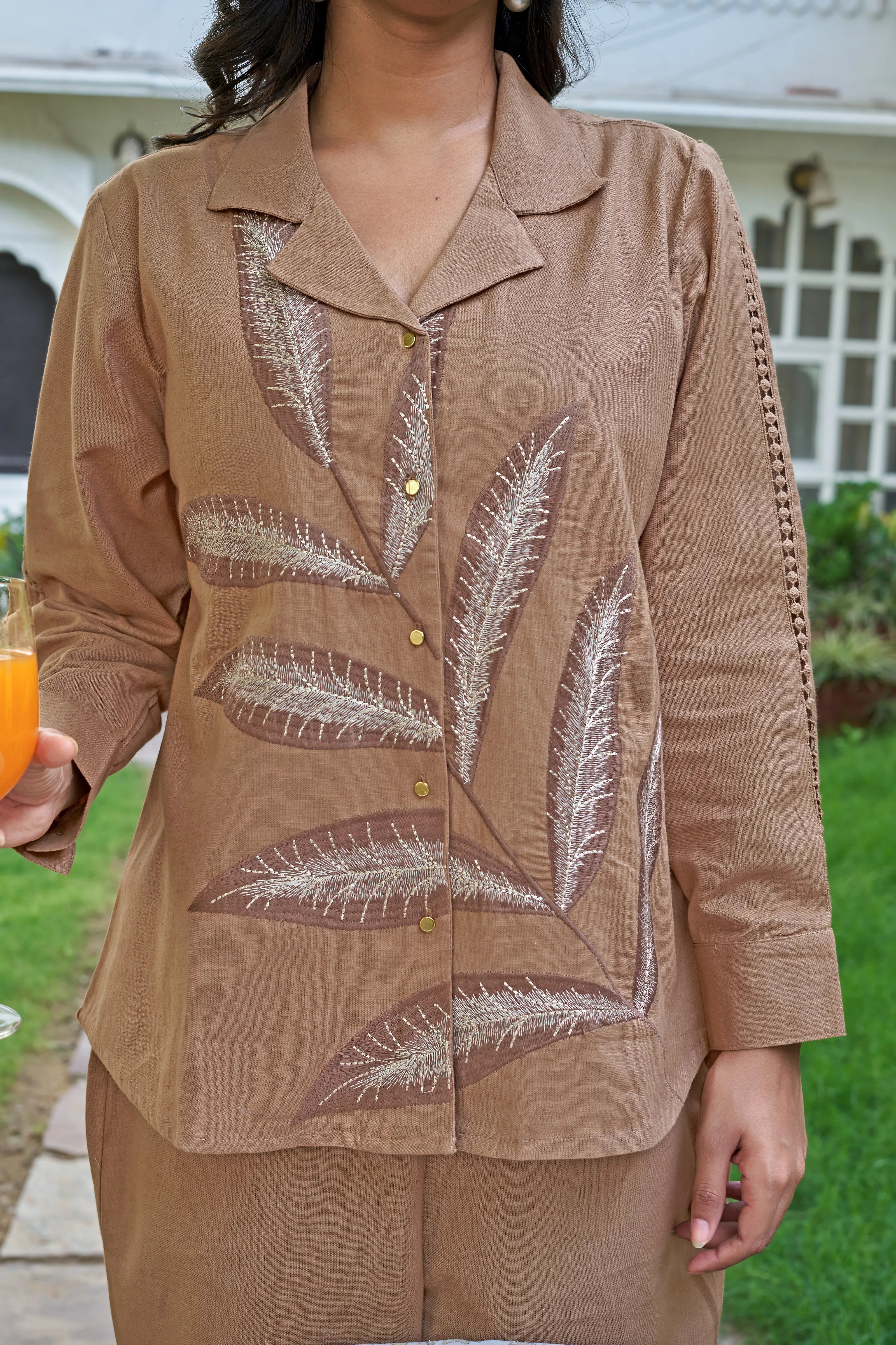 Tan Leaf Embroidered Co-ord Set in Cotton Slub