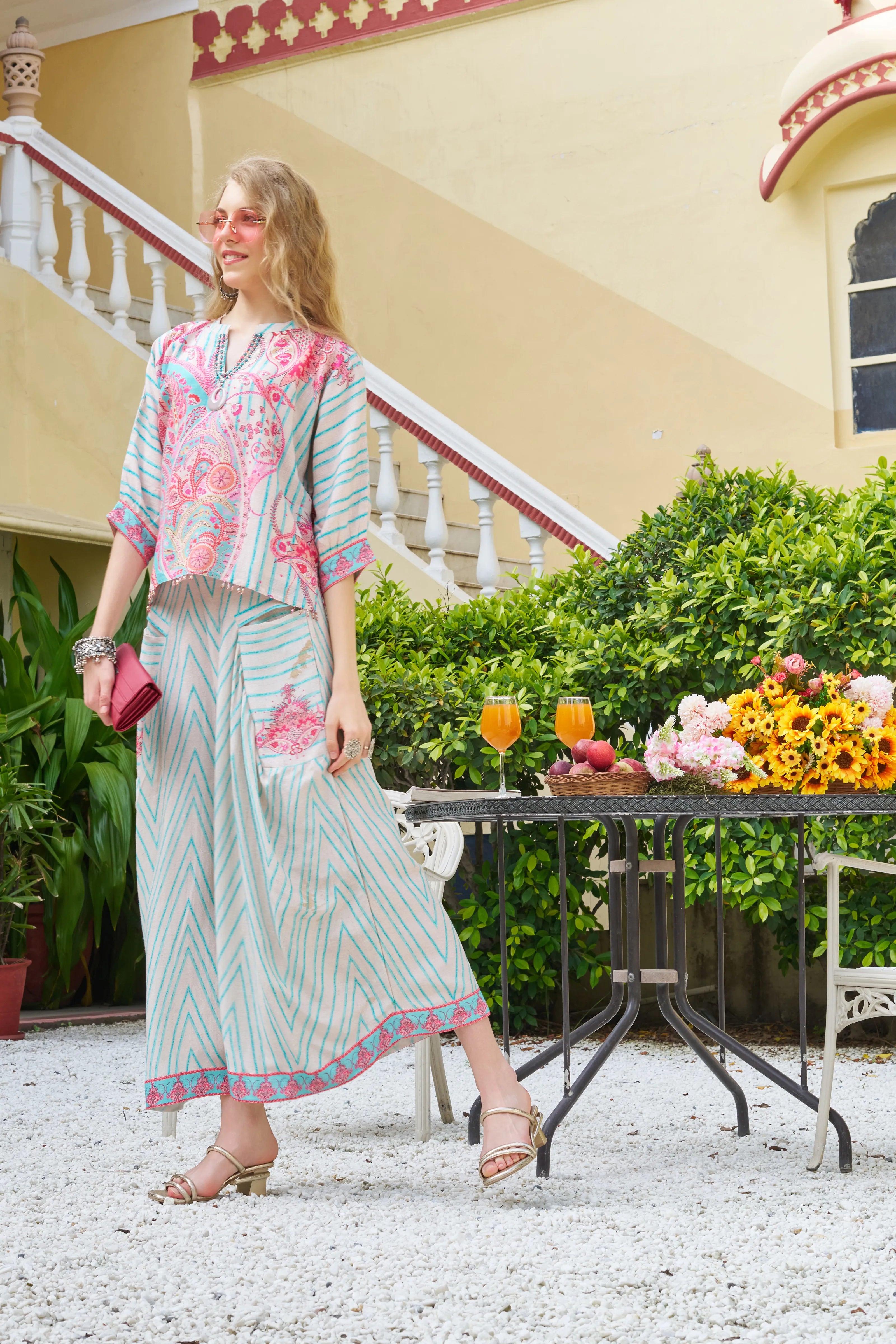 Pink & Blue Paisley Pop Co-ord Set in Viscose Silk