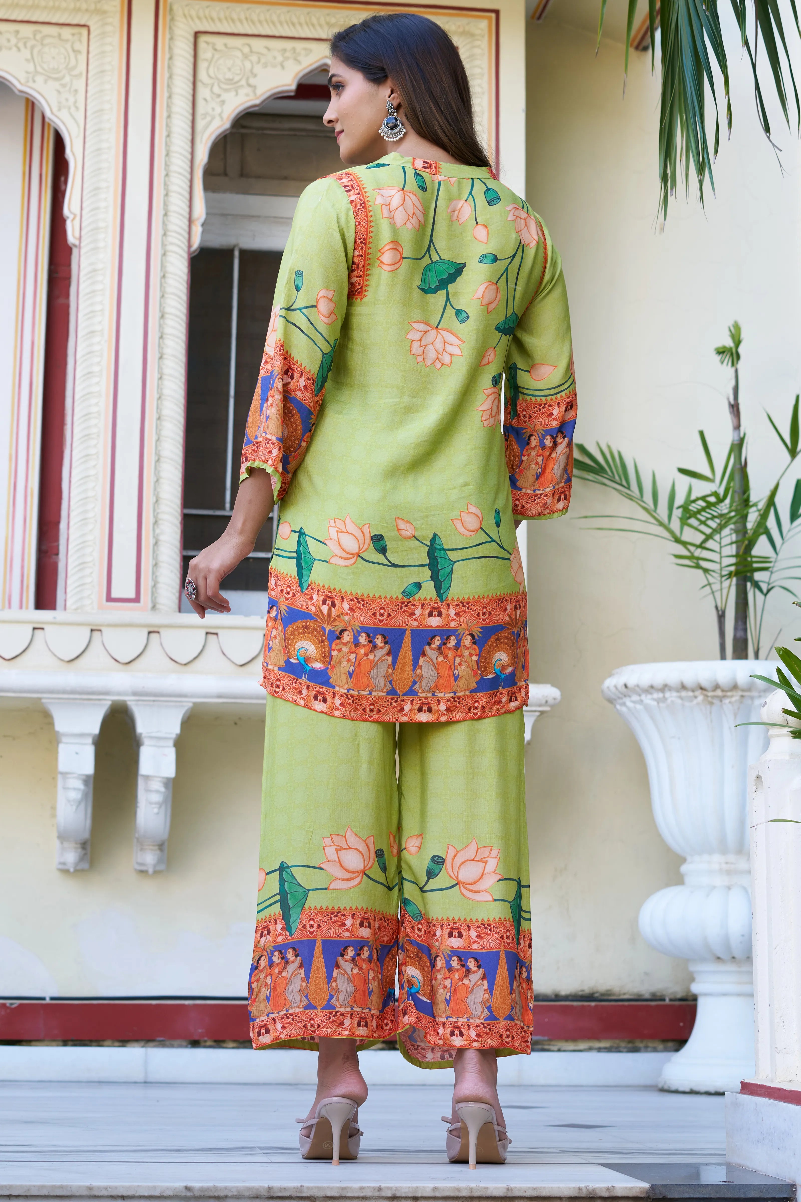 Light Green Traditional Motif Coord Set in Viscose Muslin