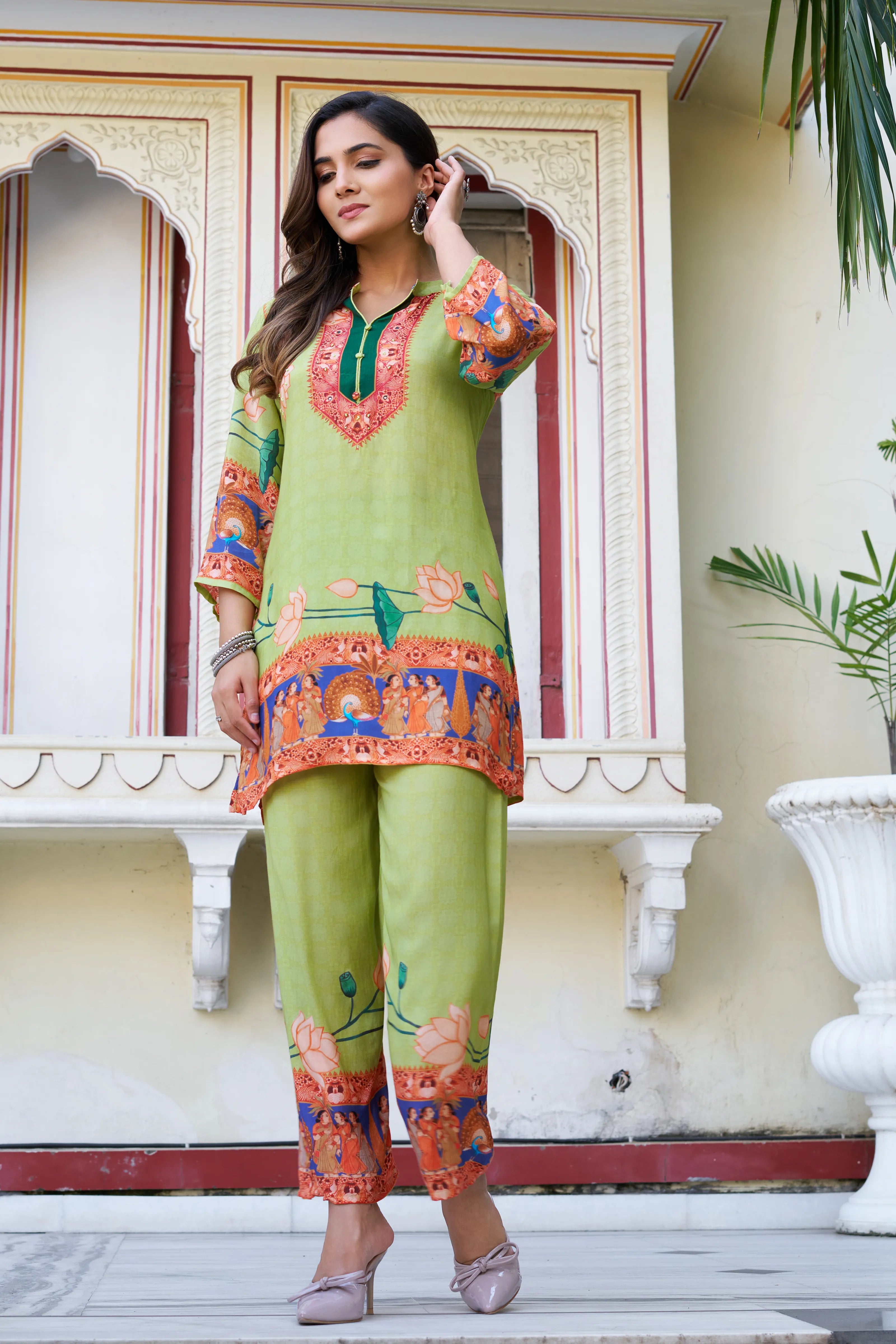 Light Green Traditional Motif Coord Set in Viscose Muslin