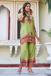 Light Green Traditional Motif Coord Set in Viscose Muslin