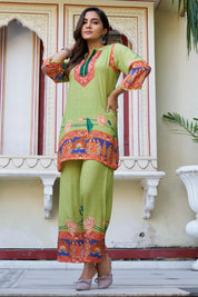 Light Green Traditional Motif Coord Set in Viscose Muslin