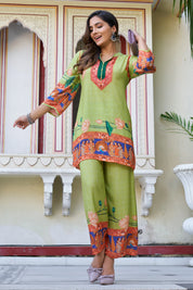 Light Green Traditional Motif Coord Set in Viscose Muslin