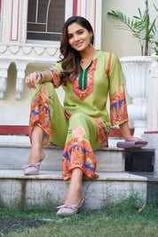 Light Green Traditional Motif Coord Set in Viscose Muslin